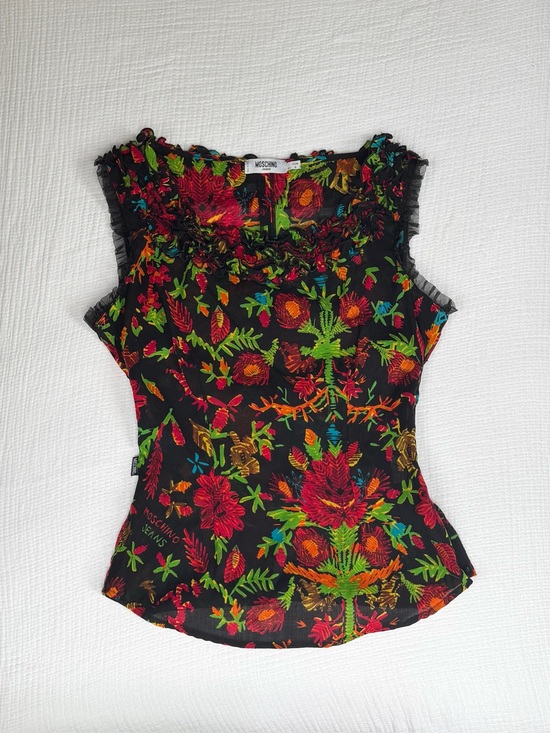 Moschino Tops - Rare Vintage Moschino Jeans Ruffle Short Sleeve Wool Floral Boatneck Blouse